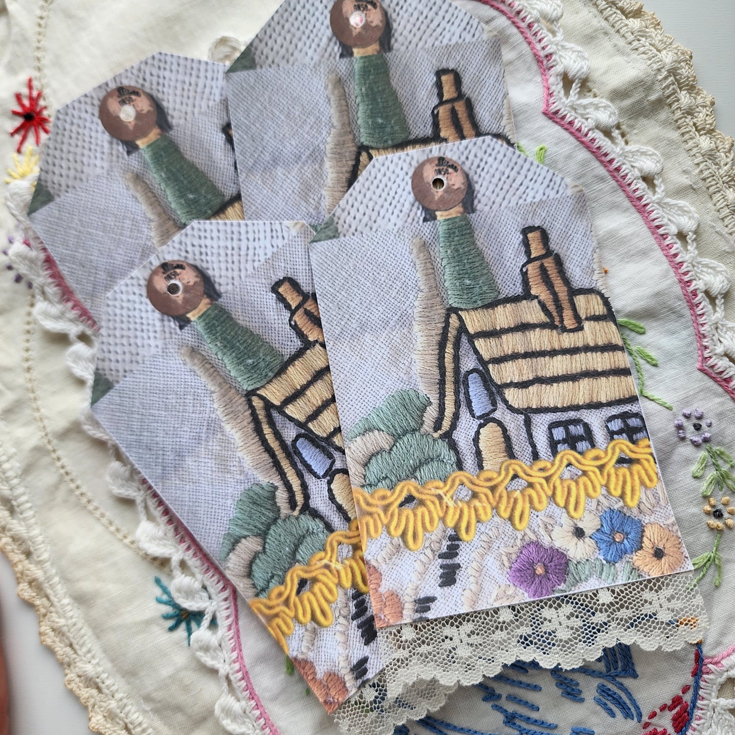 Antique Linens 8pc Tag Set- Premade Tags with Vintage Lace